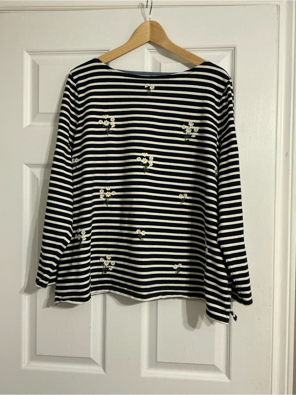 Talbots Striped Navy & White Floral Embroidered Long-Sleeve Top